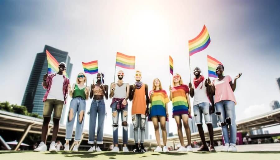 DALL·E 2024-03-10 04.00.27 - A group of diverse people standing together, holding flags and wearing clothes that reflect the colors of the PRIDE rainbow. The scene is vibrant and 